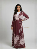 YEZWE customizable modest maxi dress in burgundy with floral print and wrap design