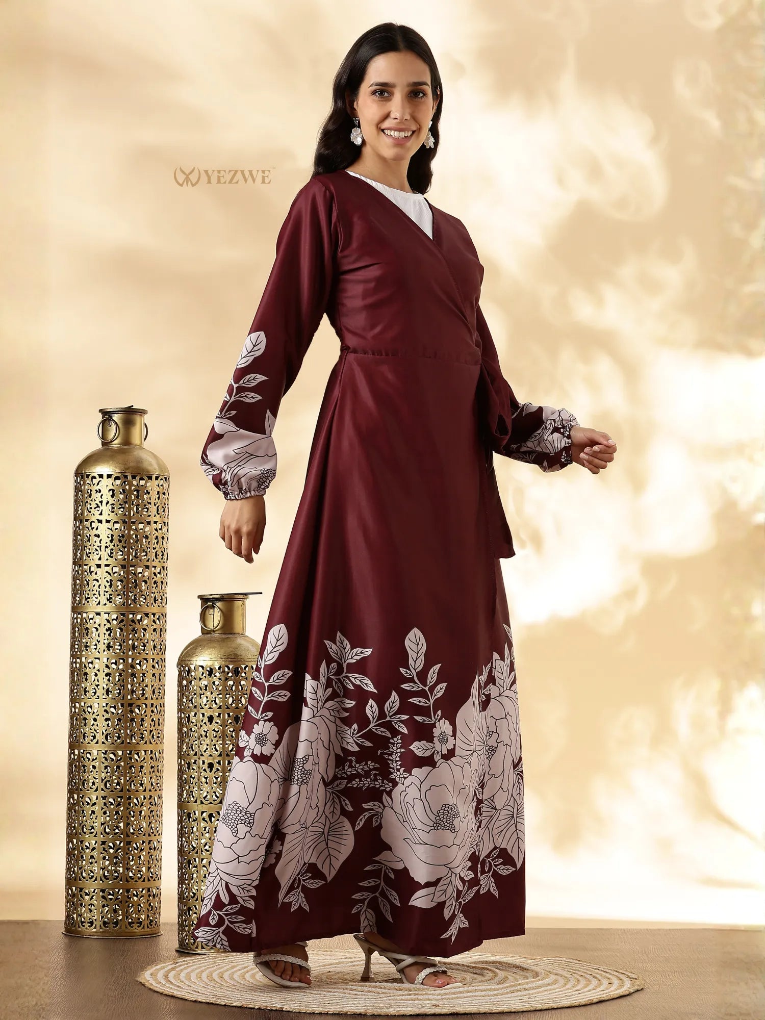 YEZWE customizable modest maxi dress in burgundy with floral print and long sleeves