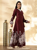 YEZWE customizable modest maxi dress in burgundy with floral print and long sleeves