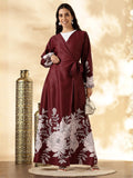 YEZWE customizable modest maxi dress in burgundy with floral patterns and a stylish wrap design