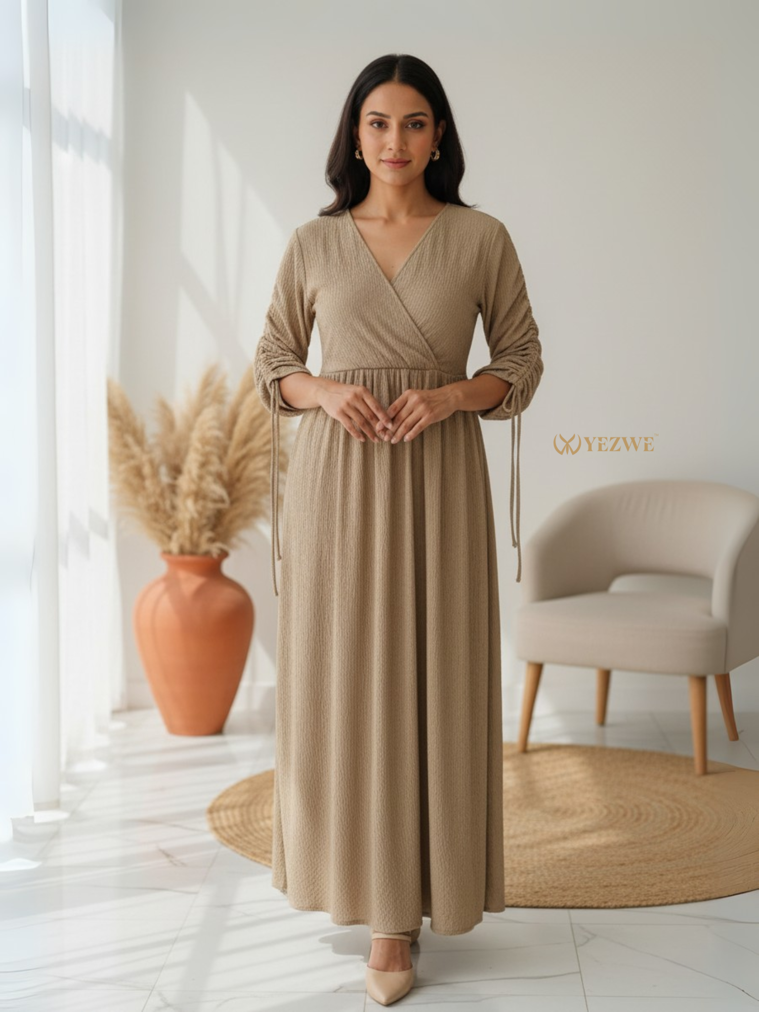 YEZWE Customizable Modest Wear Maxi Dress in Beige with Tie Sleeve Details and Flowing Silhouette