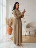 YEZWE Customizable Modest Wear Maxi Dress in Beige with Long Sleeves and Adjustable Ties