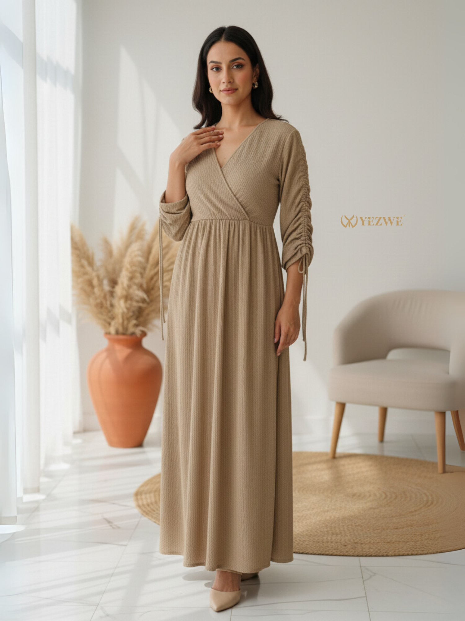 YEZWE Customizable Modest Wear Maxi Dress in Beige with Elegant Draped Sleeves