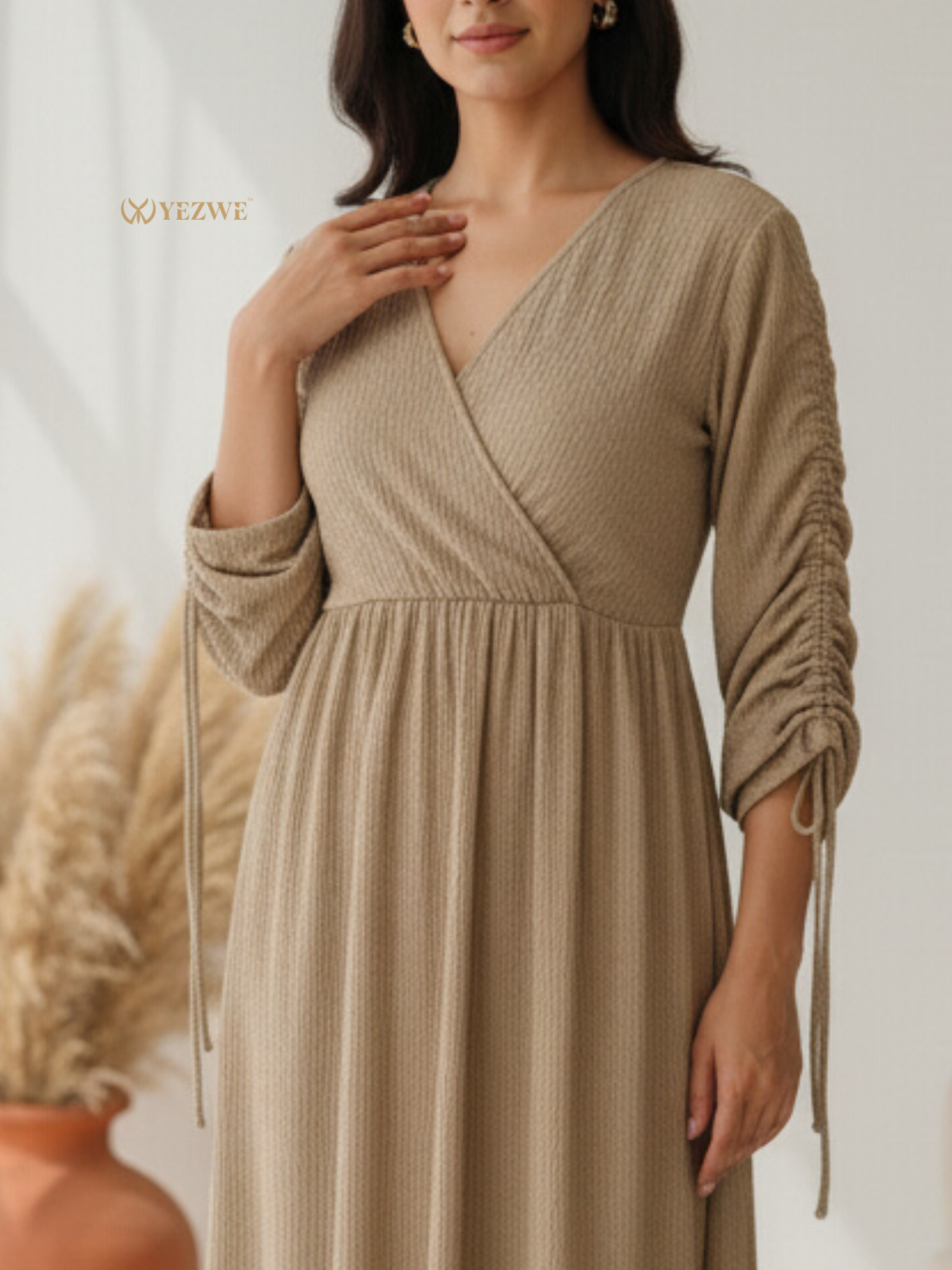 YEZWE Customizable Modest Wear Maxi Dress with Ruched Sleeves and V-Neck Design