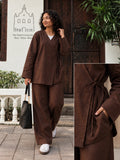 YEZWE Dark Brown Premium Linen Wrap Top Modest Co-Ord Set For Women with stylish pants and wrap top