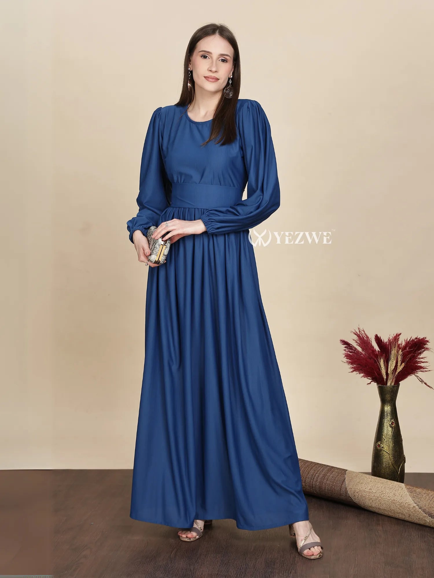 Yezwe Dark Navy Blue Graceful Gathered Waist long sleeve dress- Maxi Dress