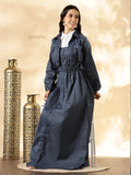 YEZWE denim maxi gown with shrug featuring a stylish tie waist and long sleeves