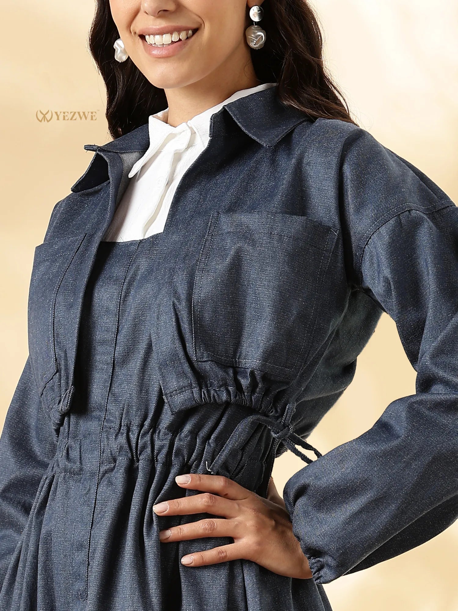 YEZWE denim maxi gown with shrug featuring a fitted bodice and adjustable waist for a stylish look