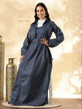 YEZWE denim maxi gown with shrug featuring long sleeves and a cinched waist for a stylish look