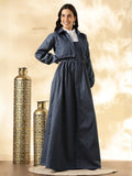 YEZWE denim maxi gown with shrug showcasing a stylish design and comfortable fit.
