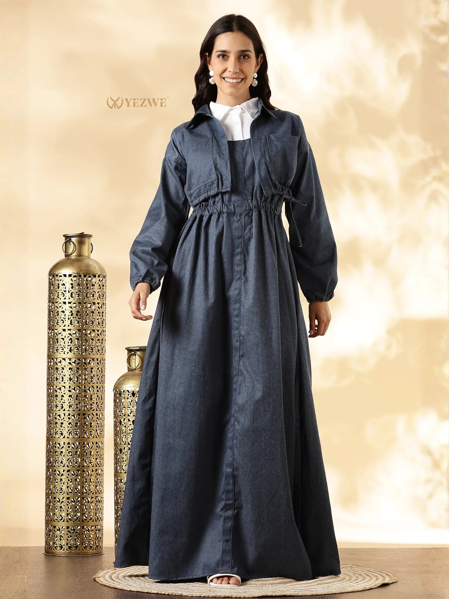 YEZWE denim maxi gown with shrug featuring a relaxed fit and elegant design details