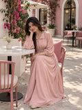 YEZWE Dusty Pink Pleated Cross-Waist Maxi Dress for Women styled in a chic outdoor cafe setting
