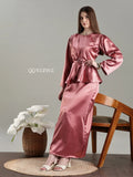 Yezwe dusty pink satin modest co-ord set featuring elegant long sleeves and a flattering peplum design