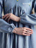 YEZWE embroidery aliya cut full length denim maxi dress featuring elasticized sleeves and floral accents