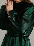 Yezwe emerald green modest maxi dress with long puff sleeves and a belted waist