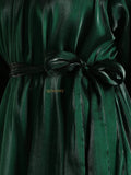Emerald green modest maxi dress by Yezwe featuring a shiny fabric and tied waist belt