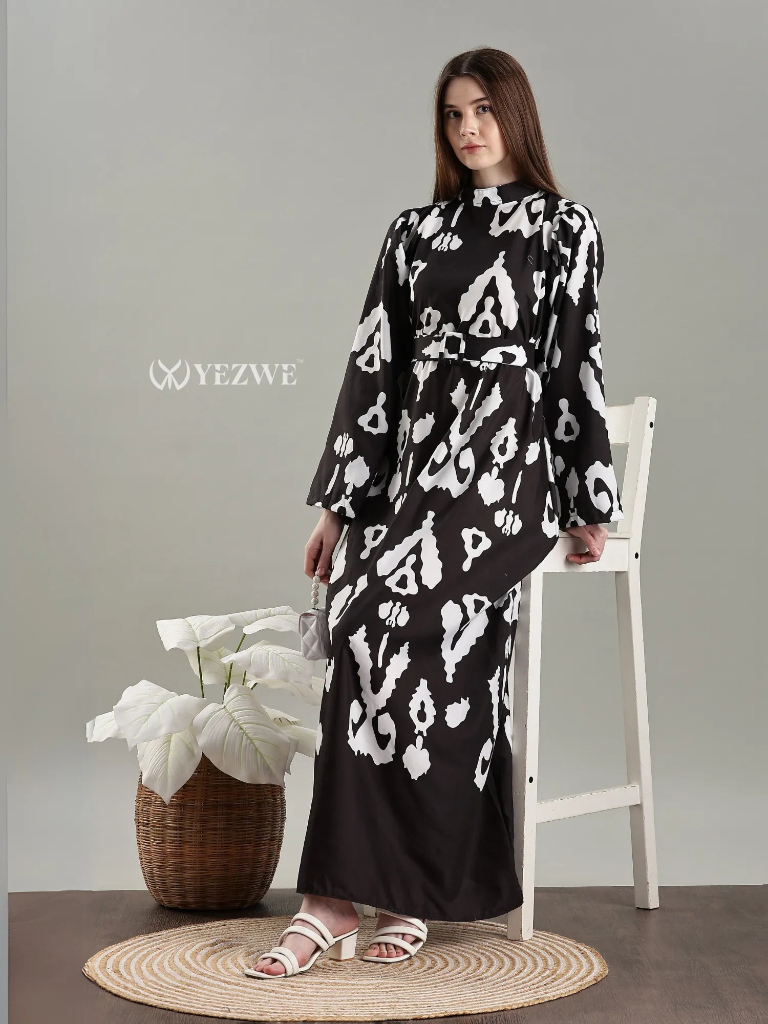 YEZWE Full Length black modest maxi Dress with elegant bell sleeves and striking white pattern