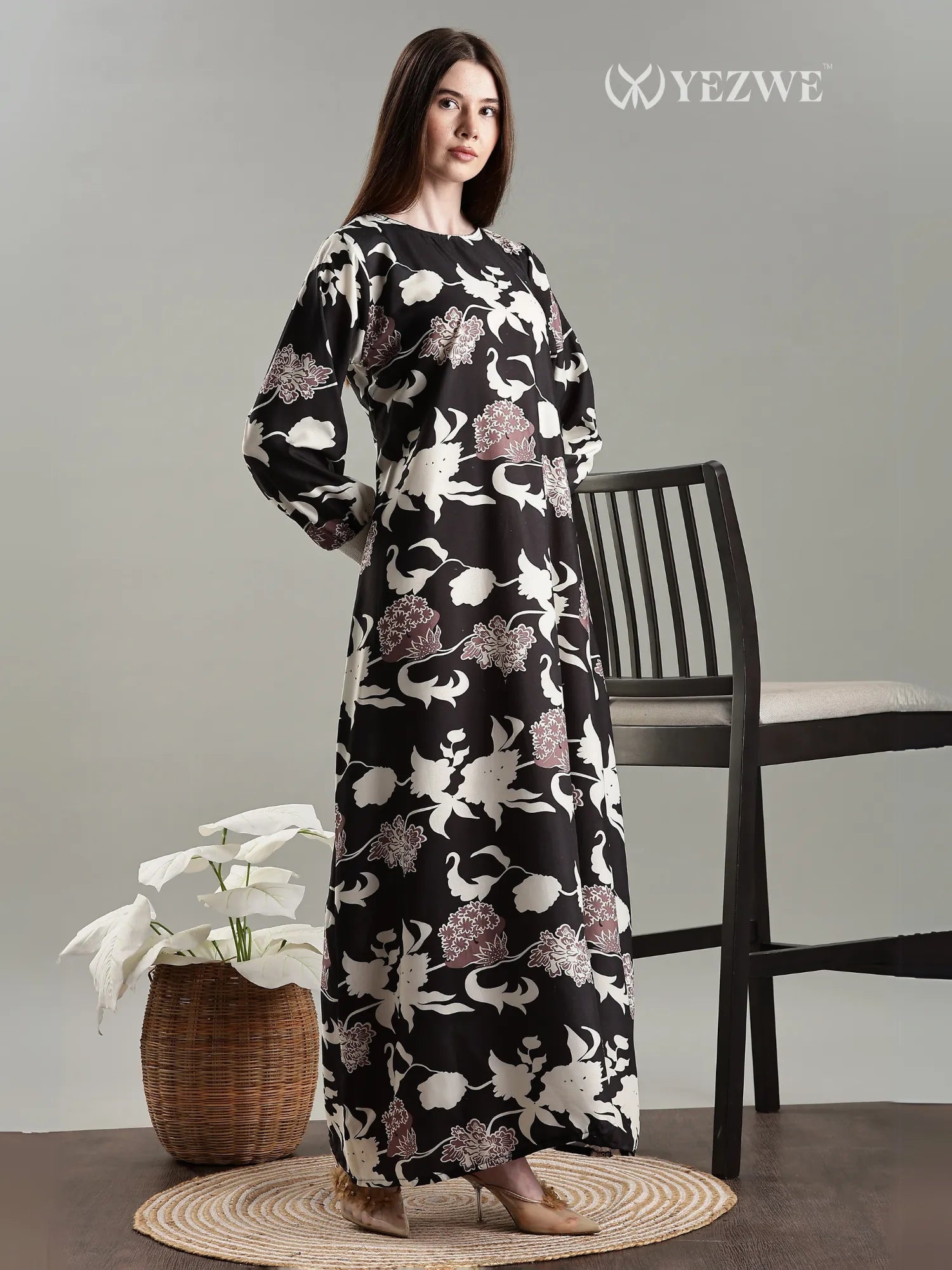 YEZWE full length Floral modest maxi dresses online featuring elegant floral design and relaxed fit