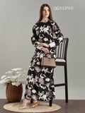 YEZWE full length floral modest maxi dresses online in elegant black and white design with a fashionable handbag