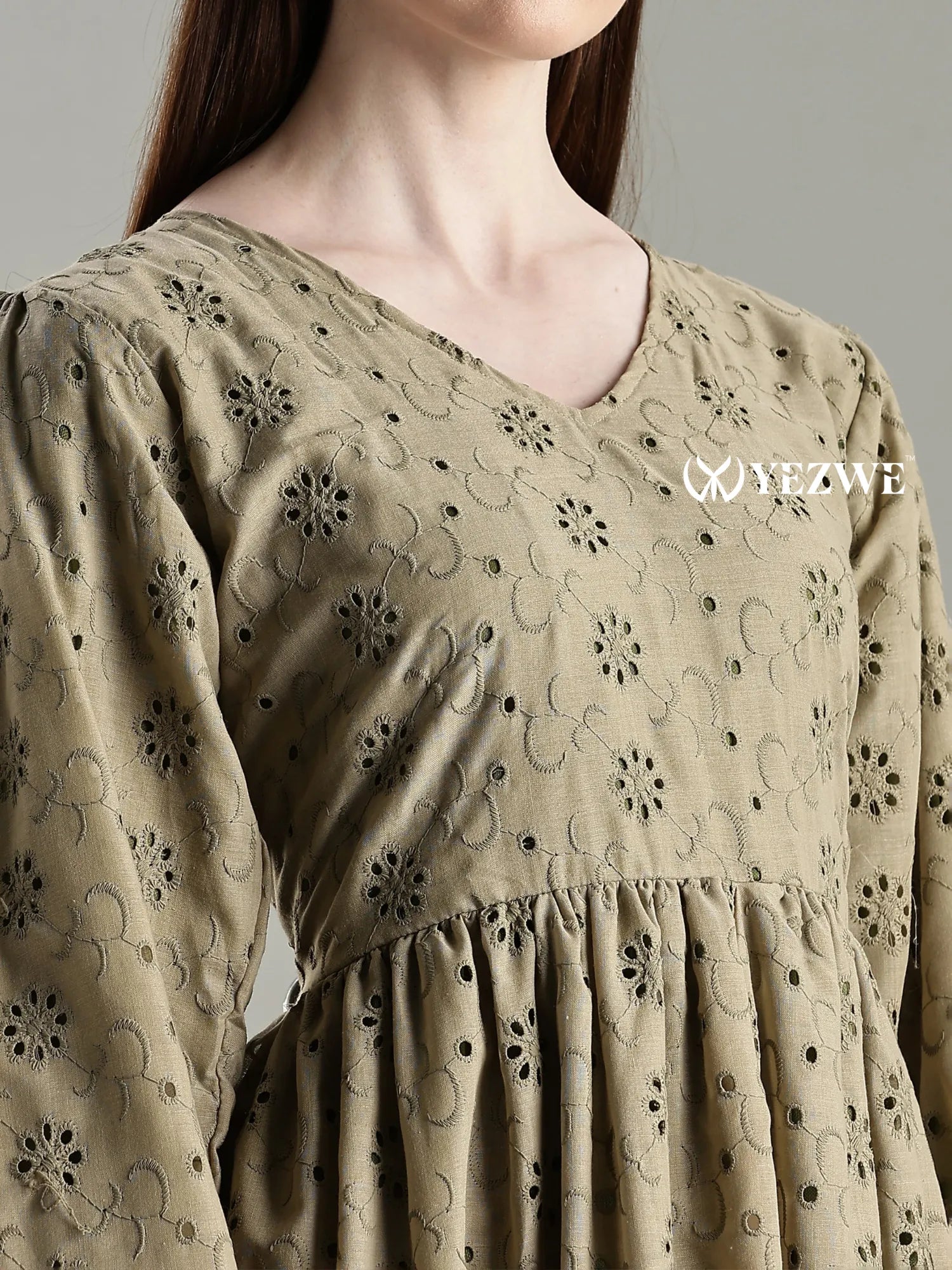 YEZWE full length long sleeved hakoba maxi dress in olive green with floral embroidery details