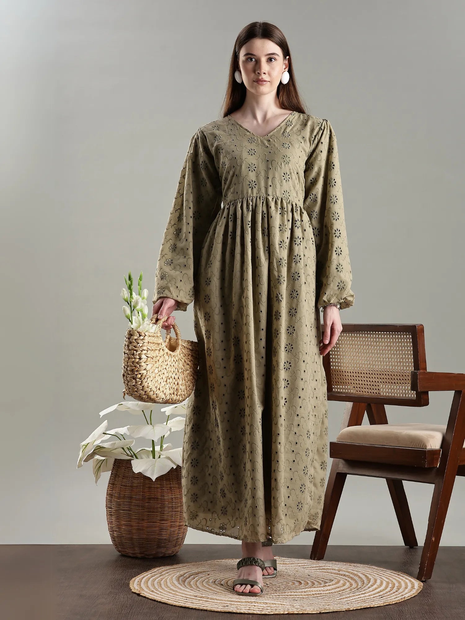 YEZWE full length long sleeved hakoba maxi dress in olive green, perfect for elegant casual wear