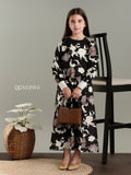 Junior girl wearing YEZWE full-length modest dresses for girls with floral black and white maxi dress