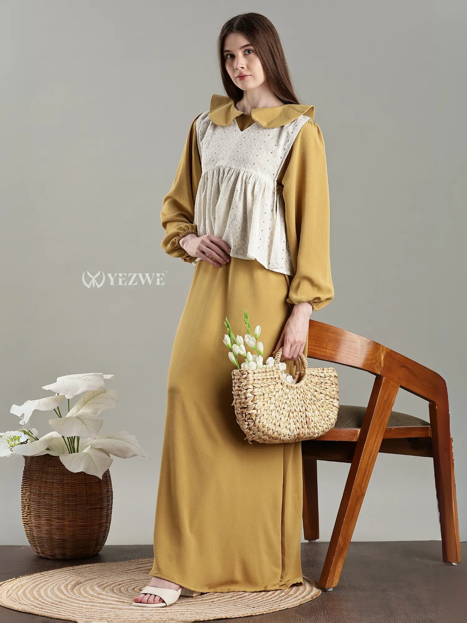 Golden Modest Maxi Dress with Hakoba Shrug by YEZWE featuring long sleeves and a layered collar design