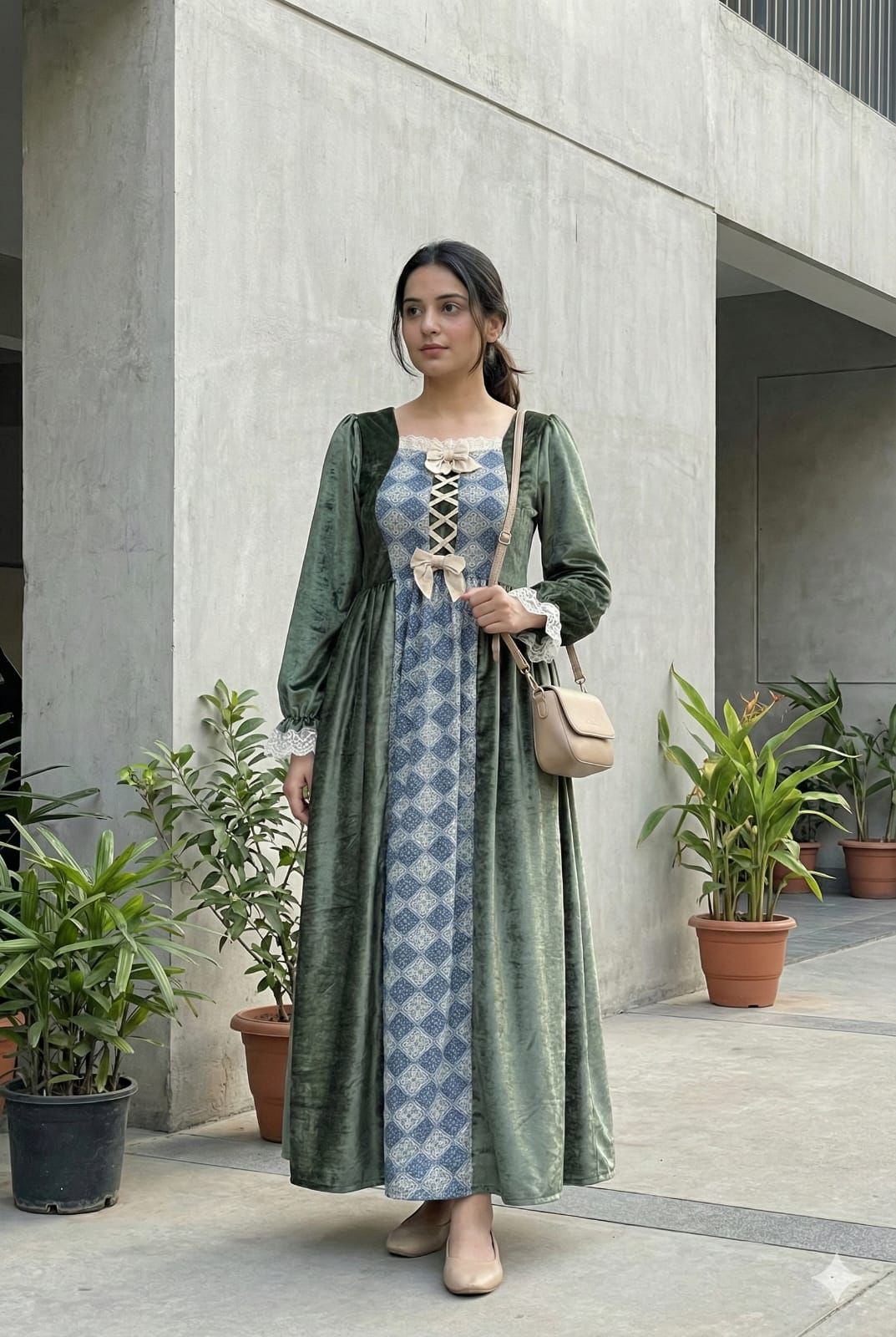 Yezwe green velvet coquette maxi dress for women, modest wear with long sleeves and elegant fit