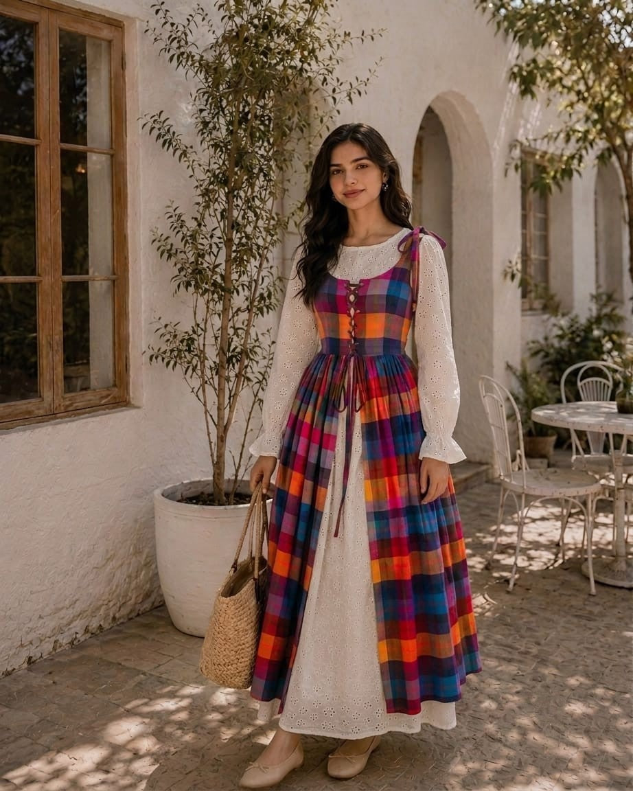 Yezwe Hakoba Dress with Madras Checks Layered Overdress featuring a colorful plaid design over a white base