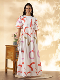 YEZWE Imported Modest Maxi Dress with Colorful Abstract Print and Puff Sleeves