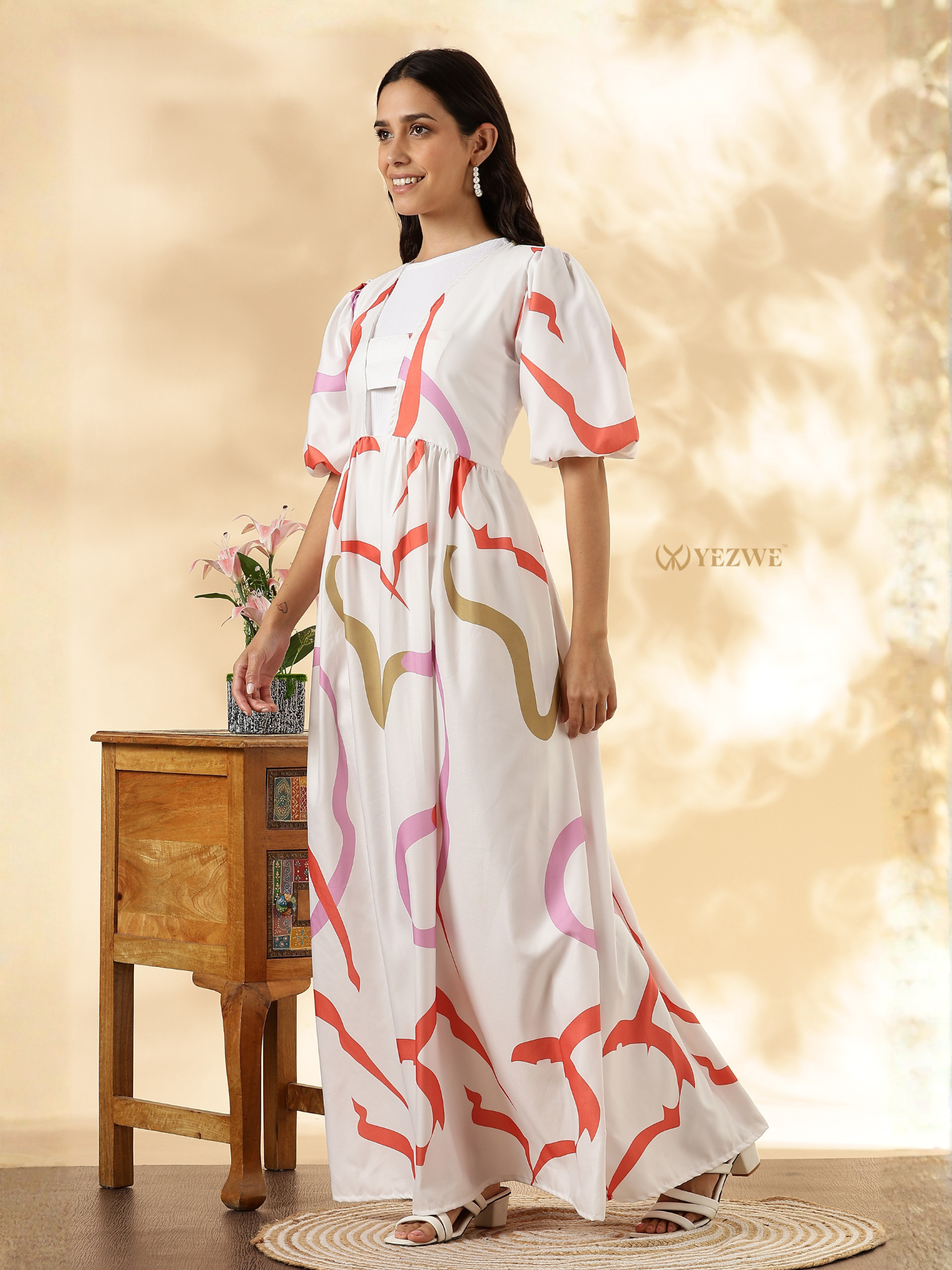 YEZWE Imported Modest Maxi Dress with Bold Graphic Design and Puff Sleeves for Stylish Comfort
