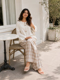 YEZWE Ivory Bow Cey Top And Plaid Modest Co-Ord Set For Women, styled chicly outdoors