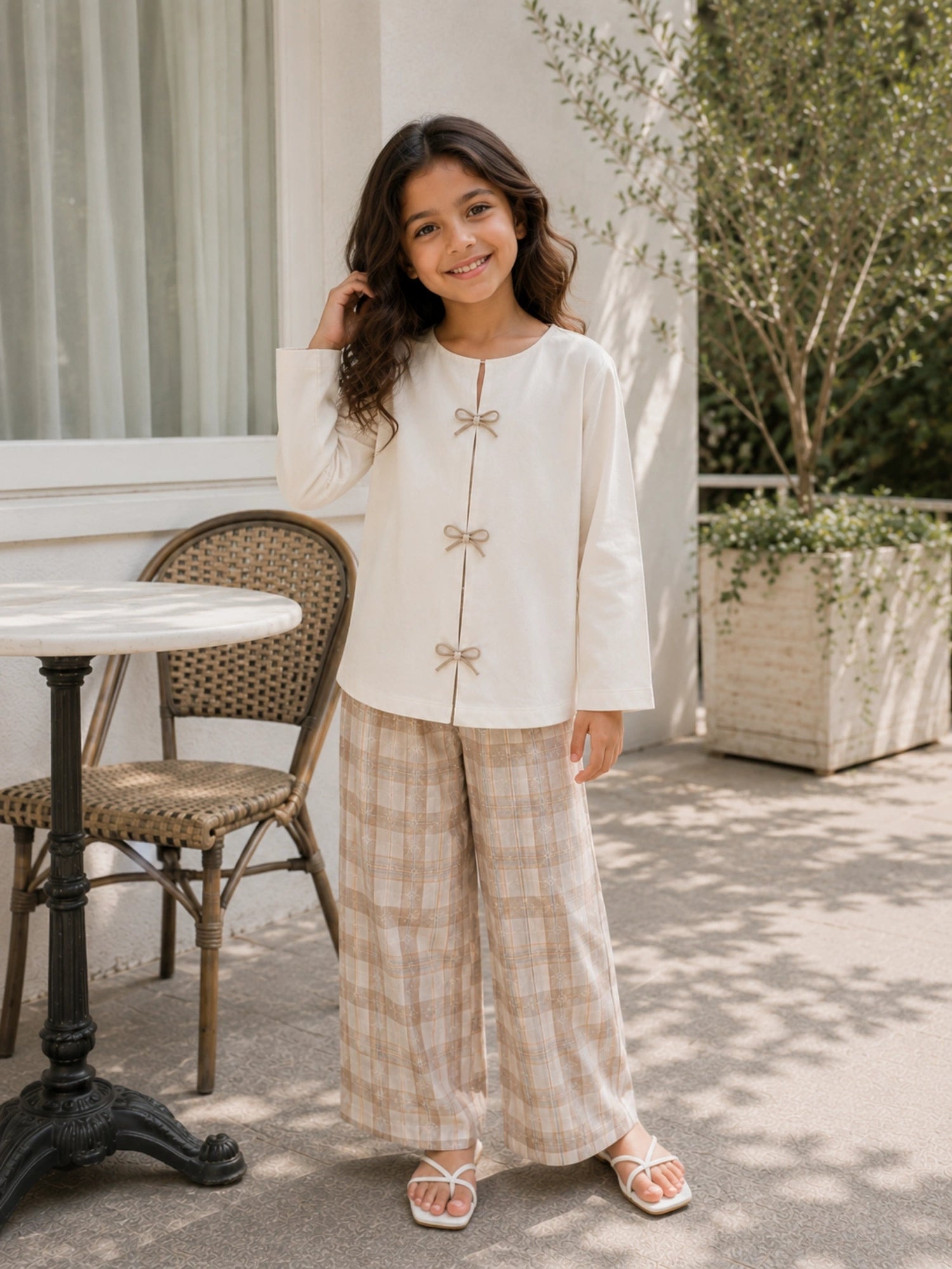 Yezwe Junior Girls Beige Checkered Pant & Full Sleeve Top Co-ord Set, stylish and comfortable outfit for kids