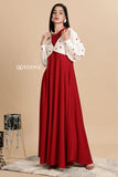 Brilliant knitted red maxi dress with shrug, featuring a stylish cut and heart-patterned sleeve details