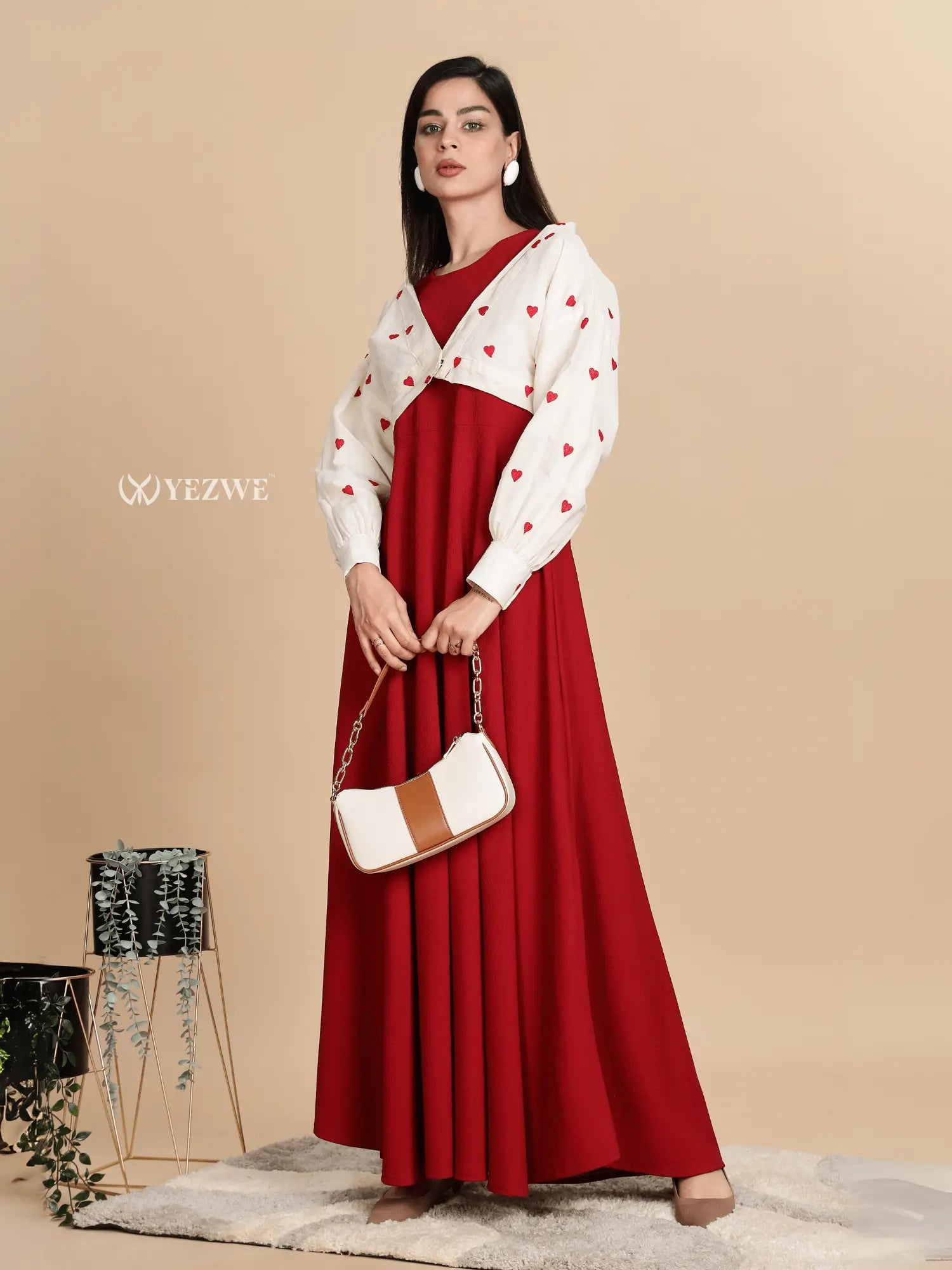 Yezwe Chic Red Knitted Maxi Gown with Heart Print Shrug – Casual Modest Wear