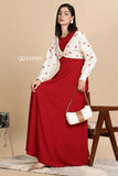 Stylish knitted red maxi dress with shrug and playful heart patterns, perfect for casual outings