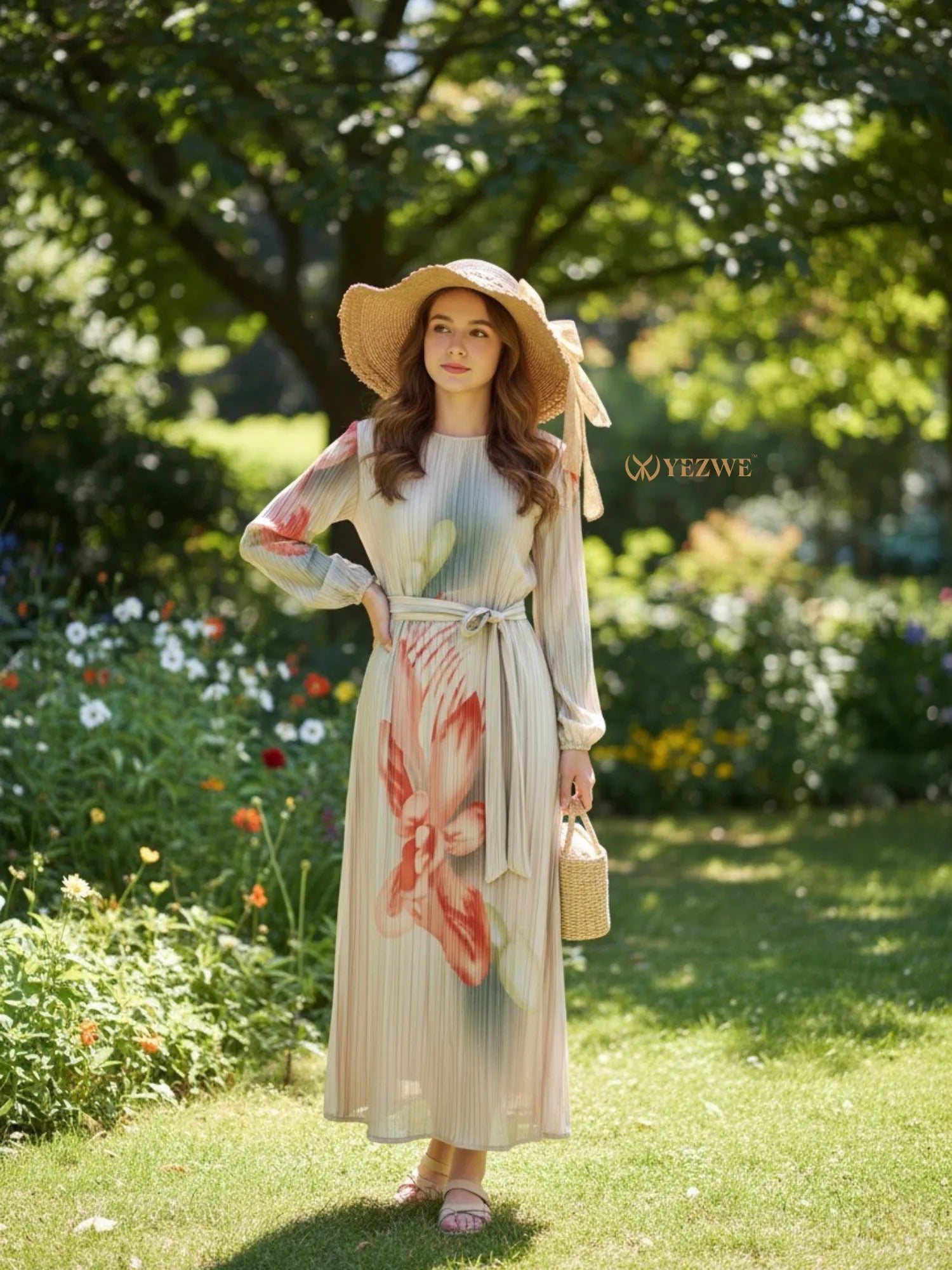 Yezwe Korean Floral Pleated Modest Maxi Dress with Long Sleeves and Waist Tie in a Garden Setting