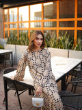 YEZWE beige co-ord set featuring a long tunic with pant in black polka dots stylish and comfortable