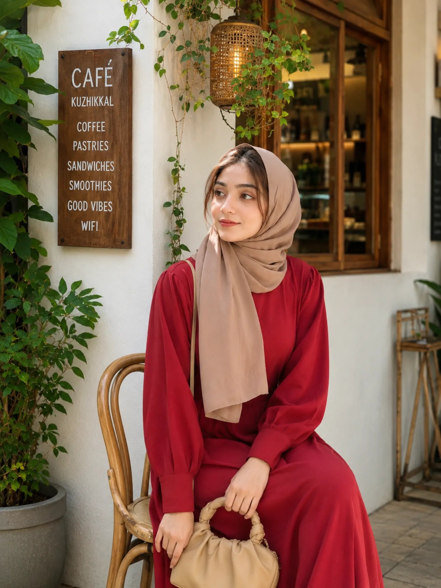 Woman in a maroon modest maxi dress and beige hijab sitting on a wooden chair outside a café holding a beige handbag.