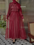 Maroon Nida Satin Top with Attached Net Overlay Satin Skirt | Modest Co-Ord Set by Yezwe, featuring a stylish design.