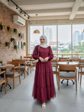 Maroon Nida Satin Top with Attached Net Overlay Satin Skirt | Modest Co-Ord Set showcased in a stylish café