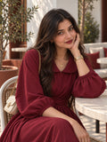 YEZWE Maroon Pleated Cross-Waist Maxi Dress for Women styled with a collar and puff sleeves