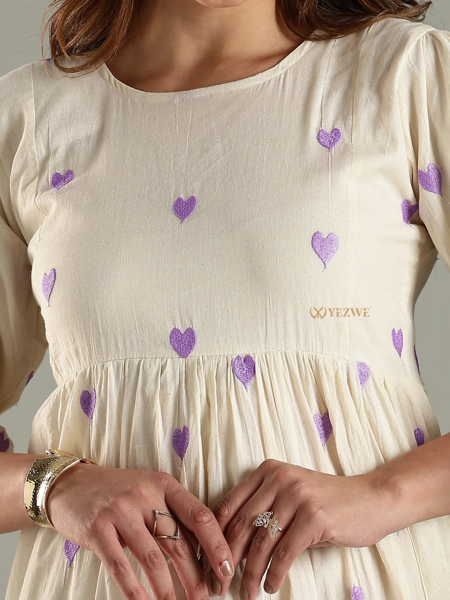 Yezwe cream maxi dress with purple heart embroidery and gathered waist detail