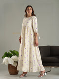 Yezwe cream maxi dress with purple heart prints  sleeves and ruffled hem worn with white heels