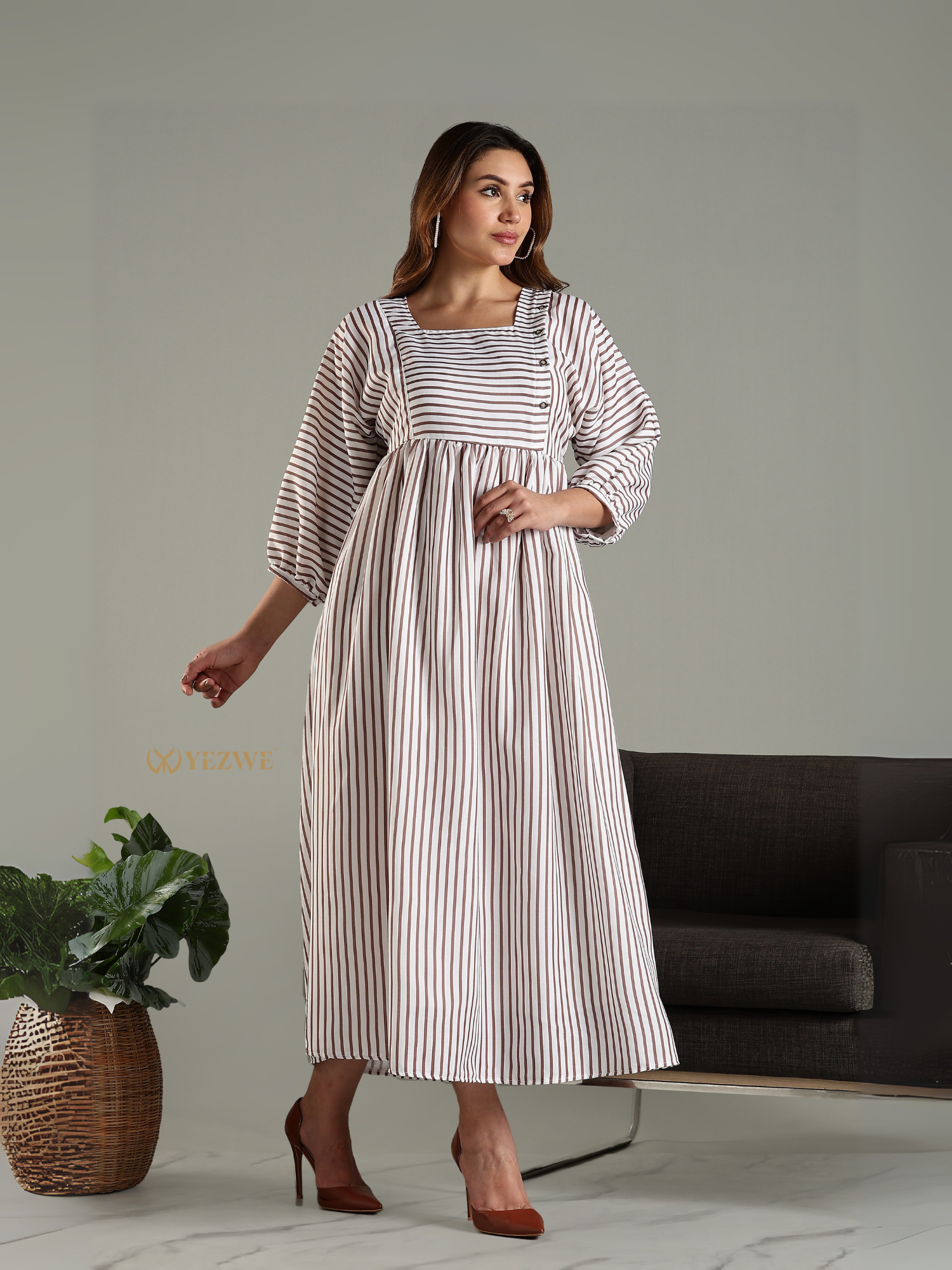 Yezwe striped long sleeved maxi dress with square neckline and gathered waist