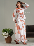 Yezwe Modest Co-ord Set featuring white fabric with orange floral prints and long sleeves