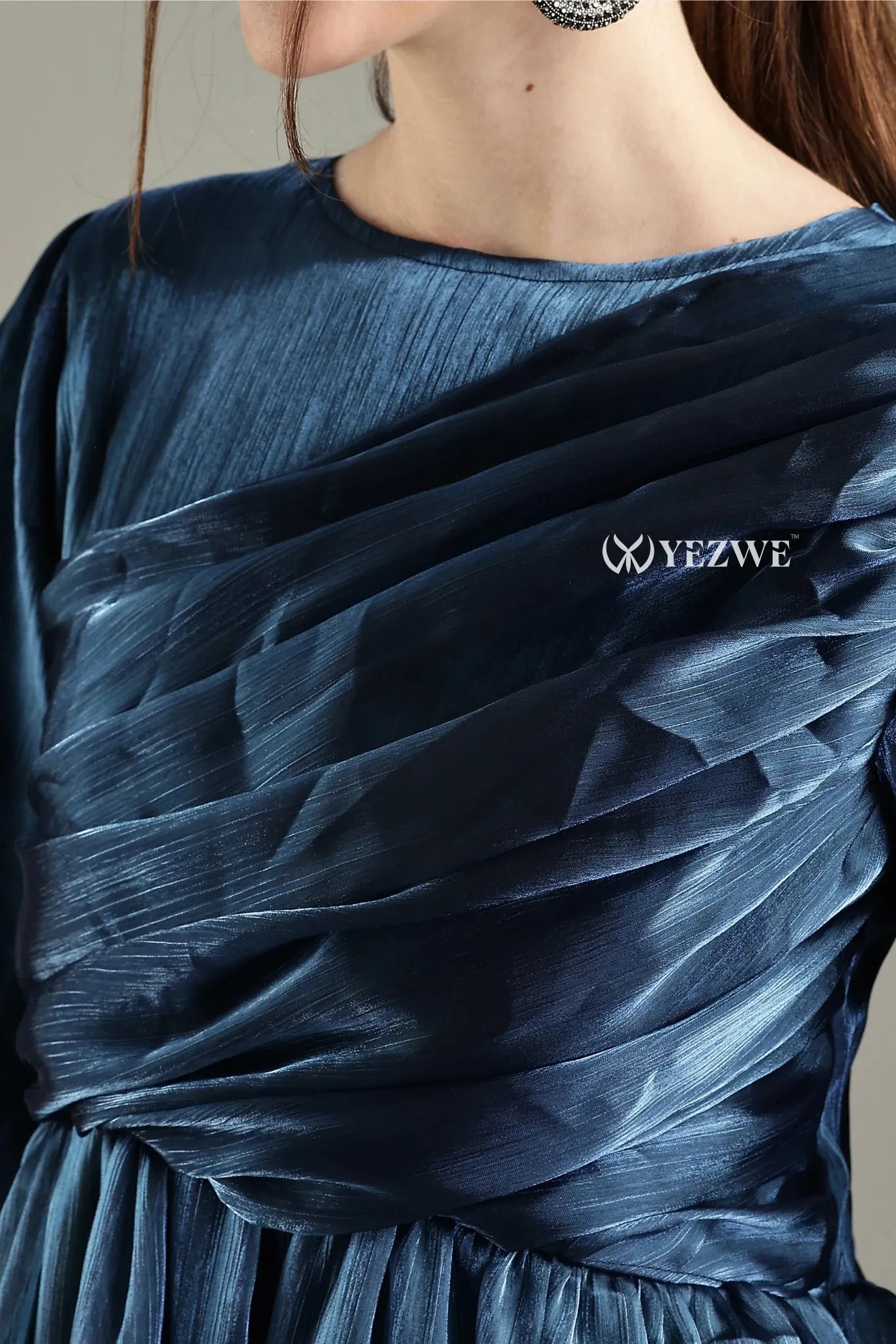 Elegant modest in blue party maxi gown featuring textured fabric and flattering silhouette