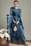 Elegant modest in blue party maxi gown with flowing sleeves and a tie waist, perfect for formal occasions