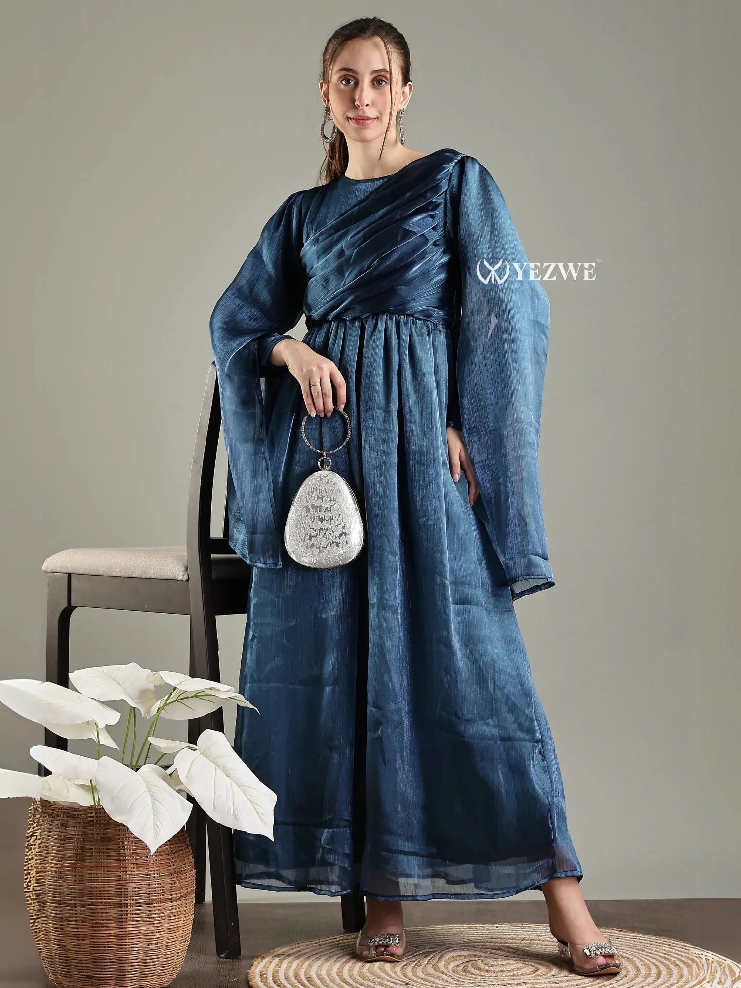 YEZWE modest in blue party maxi gown with elegant flowy sleeves and a stylish silhouette