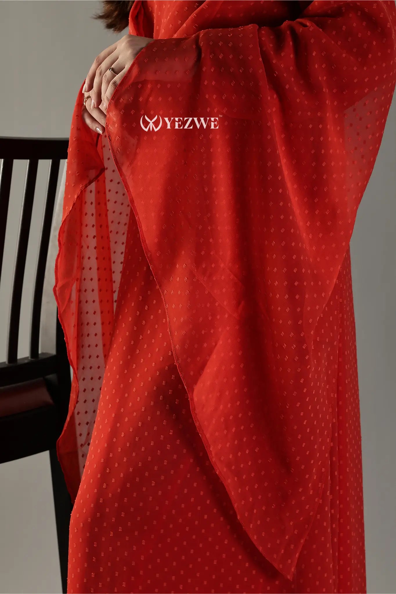 YEZWE modest in orange georgette maxi dress with flowing sleeves for elegant style